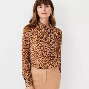Ann Taylor Leopard Shimmer Bow Blouse size S